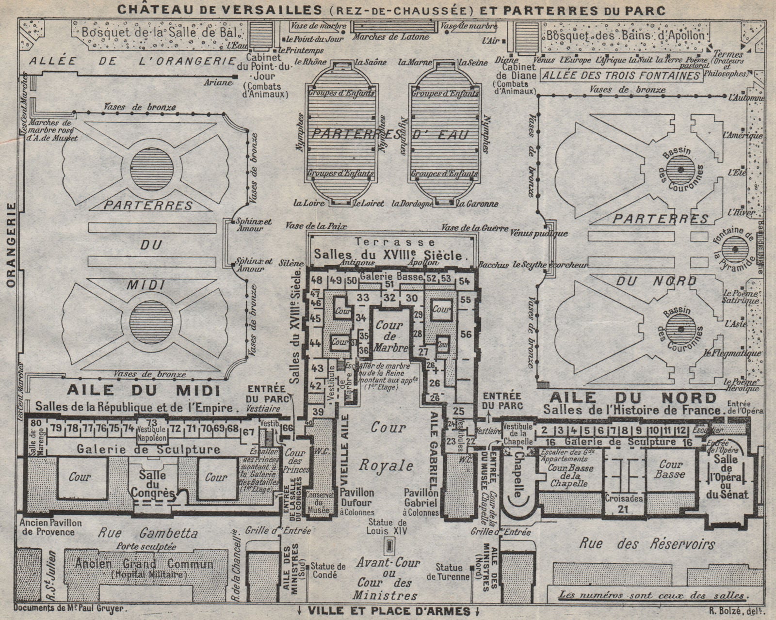 CHÂTEAU DE VERSAILLES. Ground floor. Parterres. Vintage map. Yvelines 1922